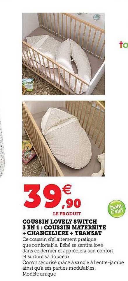 coussin lovely switch 3 en 1 : coussin matérnité + chancelière + transat