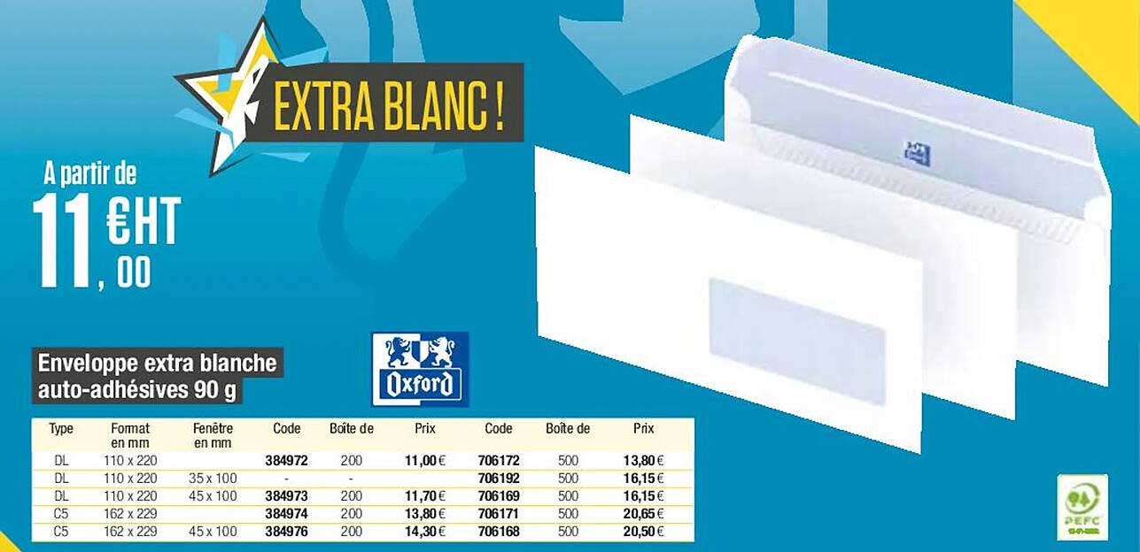 enveloppe extra blanche auto-adhésives 90 g oxford