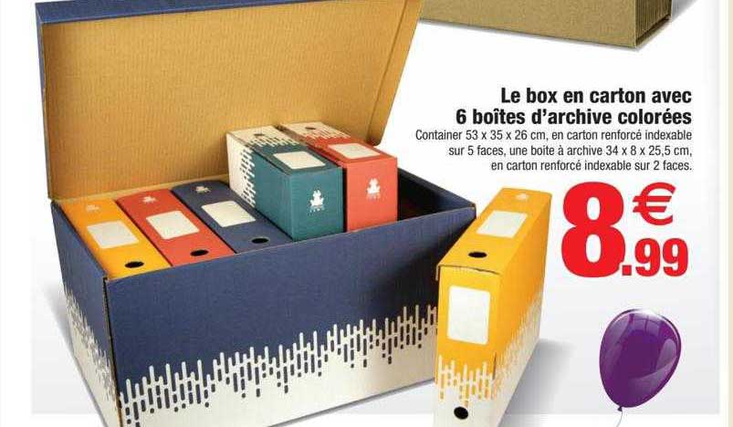 le box en carton avec 6 boîtes d'archive colorées