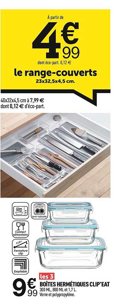 le range-couverts les 3 boîtes hermétiques clip'eat