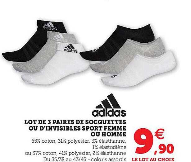 Lot De 3 Paires De Socquettes Ou D'invisibles Sport Femme Ou Homme Adidas