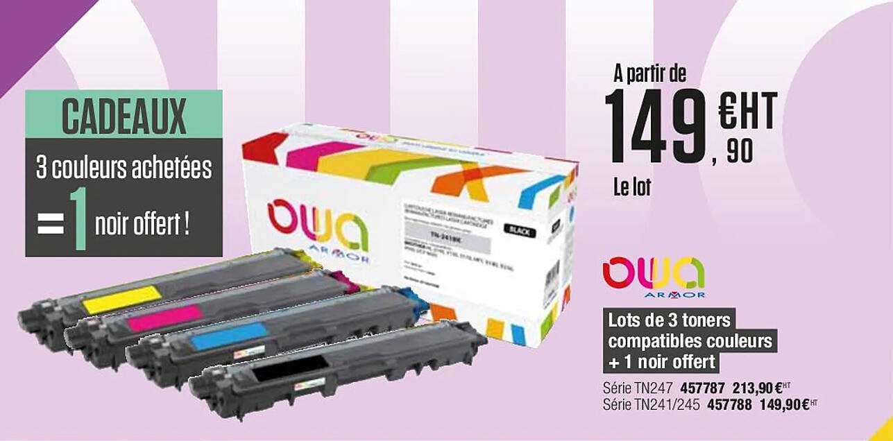 lots de 3 toners compatibles couleurs + 1 noir offert owa armor