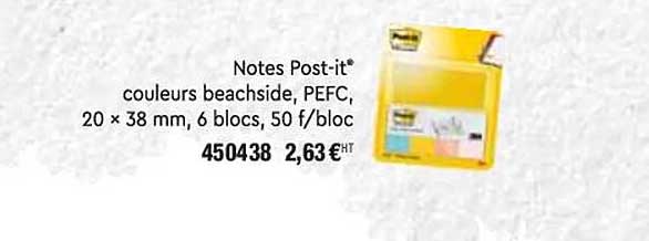 notes post-it couleurs beachside, pefc, 20 x 38 mm, 6 blocs, 50 f-bloc