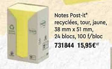 notes post-it recyclées, tour, jaune, 38 mm x 51 mm, 24 blocs, 100 f-bloc