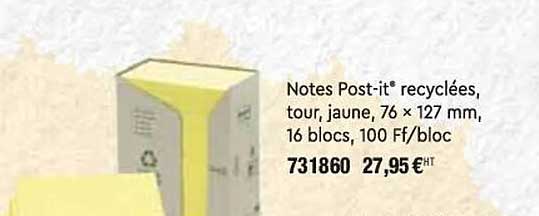 notes post-it recyclées, tour, jaune, 76 x 127 mm, 16 blocs, 100 ff-bloc