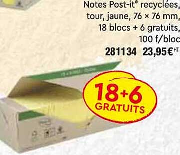 notes post-it recyclées, tour, jaune, 76 x 76 mm, 18 blocs + 6 gratuits, 100 f-bloc