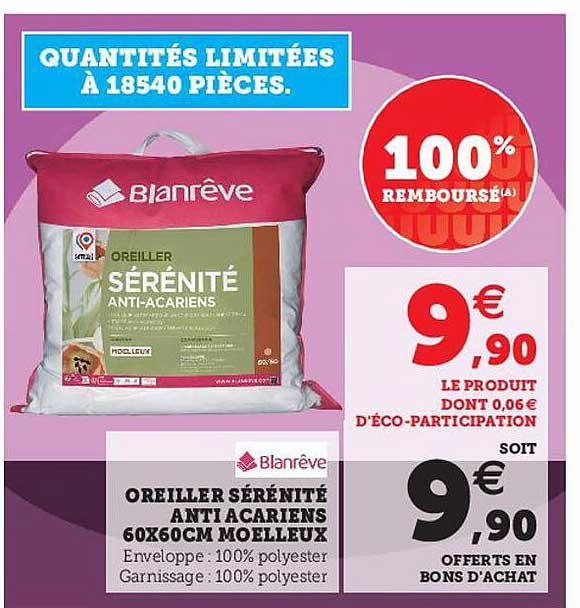 oreiller sérénité anti acariens 60 x 60 cm moelleux blanrêve