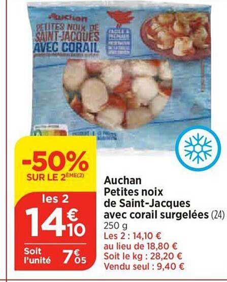 auchan petites noix de saint-jacques avec corail surgelées
