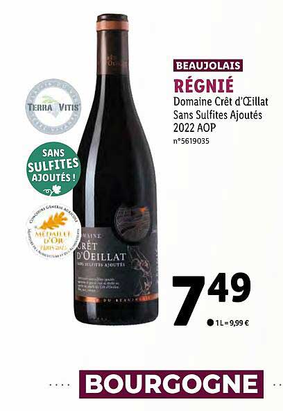 beaujolais régnié domaine crêt d'oeillat sans sulfites ajoutés 2022 aop