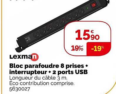 bloc parafoudre 8 prises + interrupteur + 2 ports usb lexman