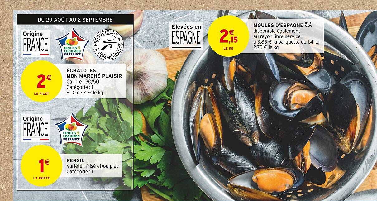 échalotes mon marché plaisir, persil, moules d'espagne