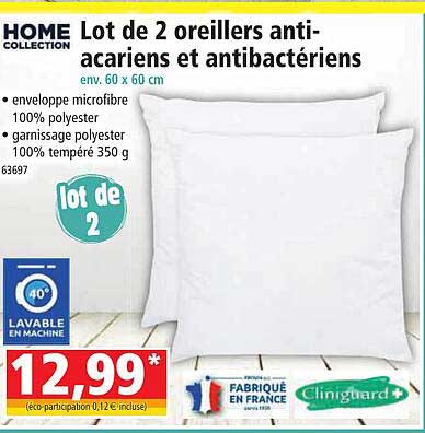 lot de 2 oreillers anti acariens et antibactériens home collection