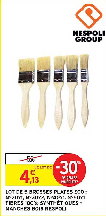 lot de 5 brosses plates éco : n°20x1, n°30x2, n040x1, n°50x1 fibres 100% synthétiques - manches bois nespoli