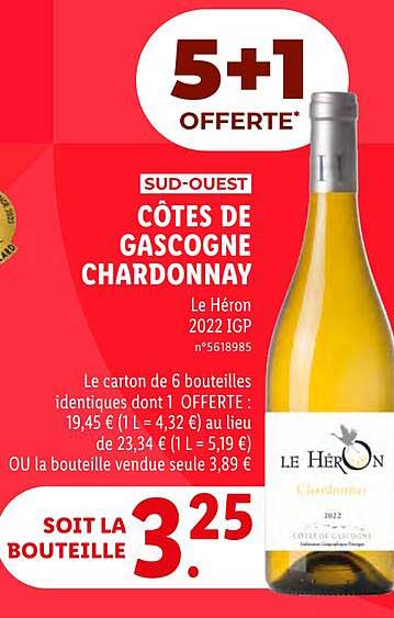 sud-ouest côtes de gascogne chardonnay le héron 2022 igp