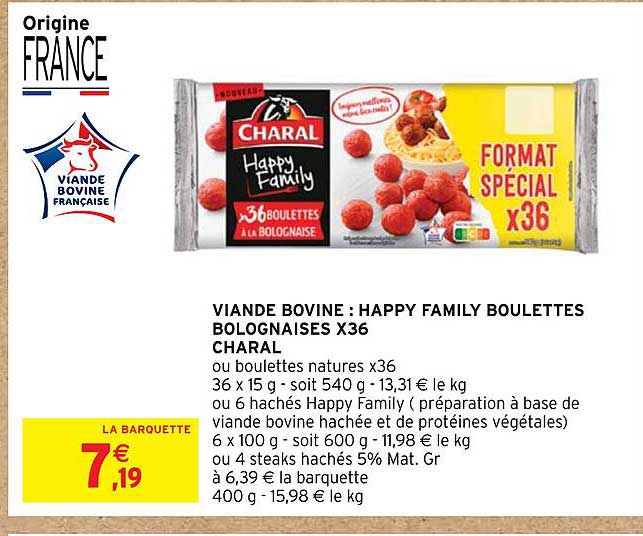 viande bovine : happy family boulettes bolognaises x36 charal
