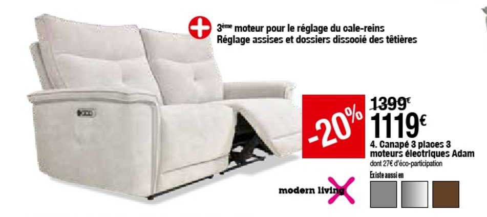 canapé 3 places 3 moteurs électriques adam modern living