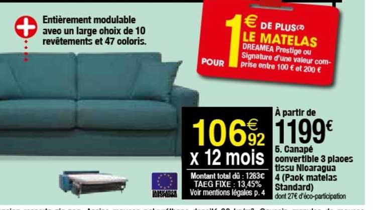canapé convertible 3 places tissu nicaragua 4 pack matelas standard