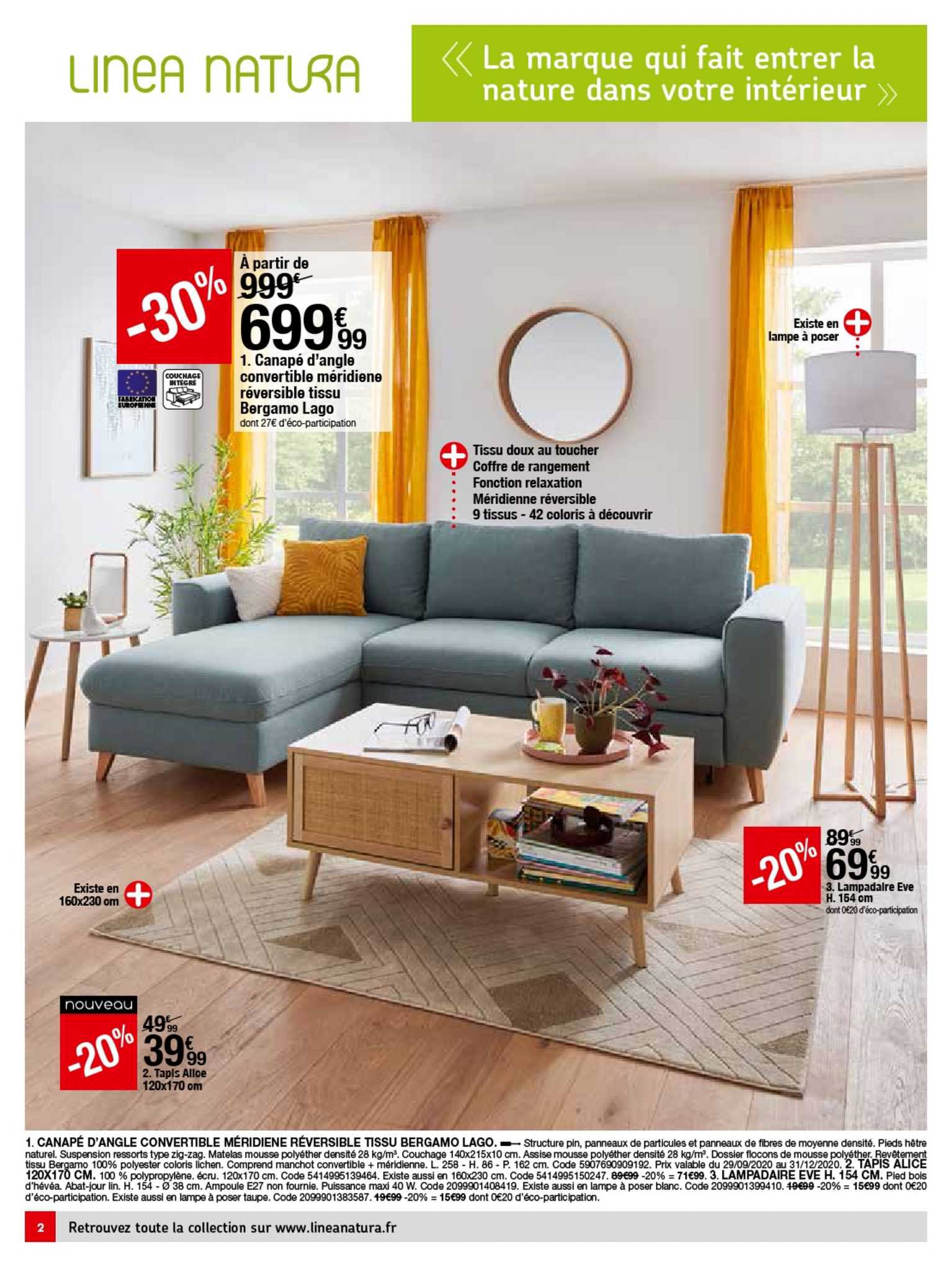 canapé d'angle convertible méridienne réversible tissu bergamo lago linea natura