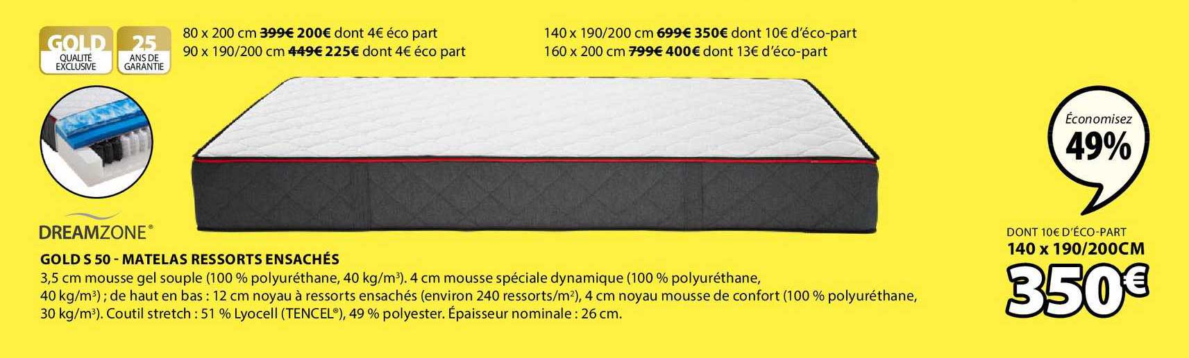 gold s 50 matelas ressorts ensachés dreamzone