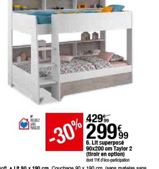 lit superposé 90x200 cm taylor 2 (tiroir en option) -30%