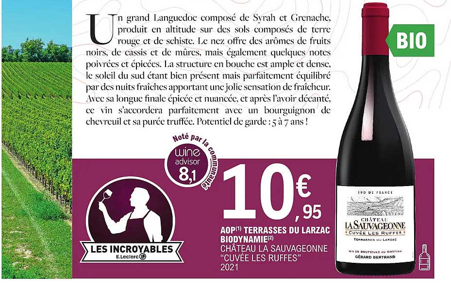 aop terrasses du larzac biodynamie château la sauvageonne "cuvée les ruffes" 2021