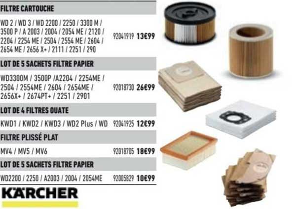 filtre cartouche kärcher, lot de 5 sachets filtre papier kärcher, lot de 4 filtres ouate kärcher, filtre plissé plat kärcher, lot de 5 sachets filtre papier kärcher