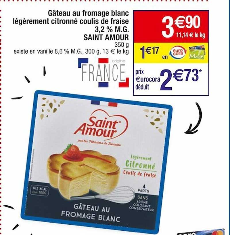 gâteau au fromage blanc légèrement citronné coulis de fraise 3,2% m.g. saint amour