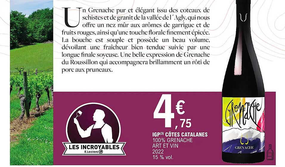 Igp Côtes Catalanes 100% Grenache Art Et Vin 2022 15% Vol