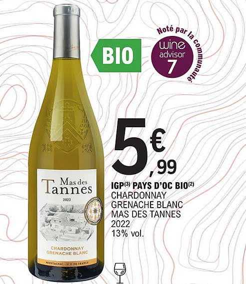 igp pays d'oc bio chardonnay grenache blanc mas de tannes 2022