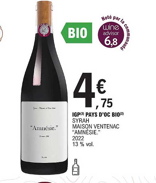 igp pays d'oc bio syrah maison ventenac "amnésie" 2022
