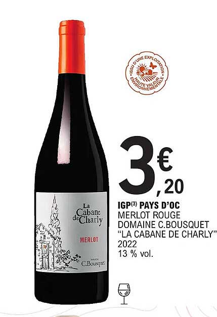 igp pays d'oc merlot rouge domaine c.bousquet "la cabane de charly" 2022 13% vol.