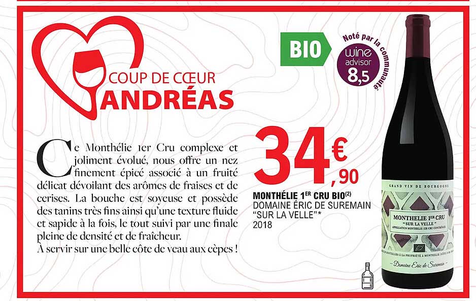 monthélie 1er cru bio domaine éric de suremain "sur la velle" 2018