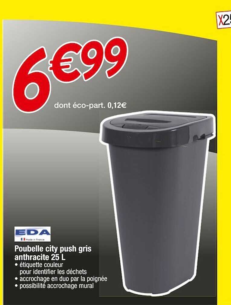 Poubelle City Push Gris Anthracite 25l Eda