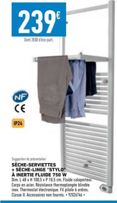 sèche-serviettes + sèche-linge "stylo" à inertie fluide 750 w