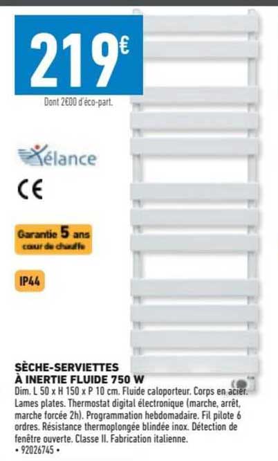 sèche-serviettes à inertie fluide 750 w xélance