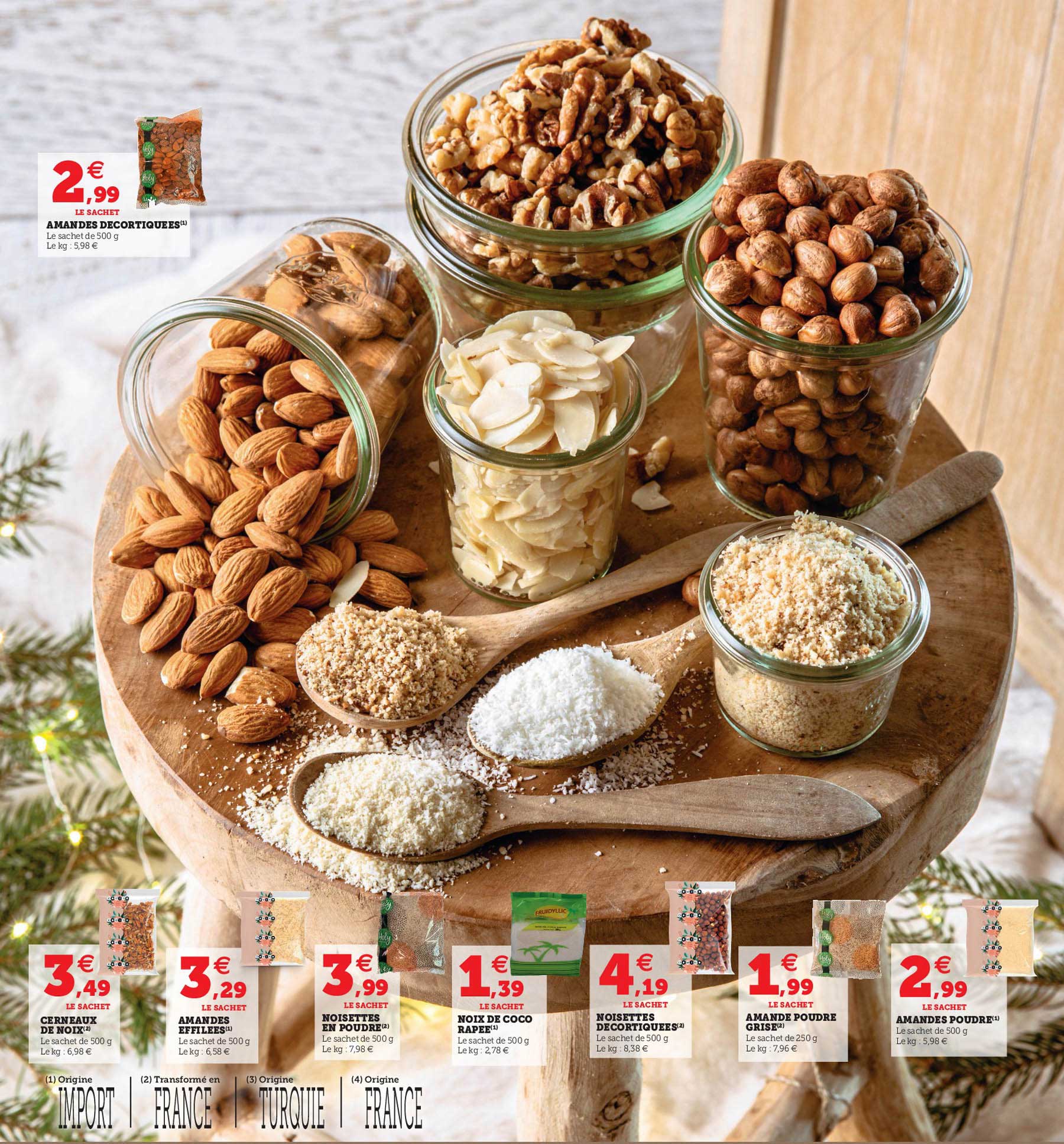 amandes décortiquées, cerneaux de noix, amandes effilées, noisettes en poudre, noix de coco râpée, noisettes décortiquées, amande poudre grise,