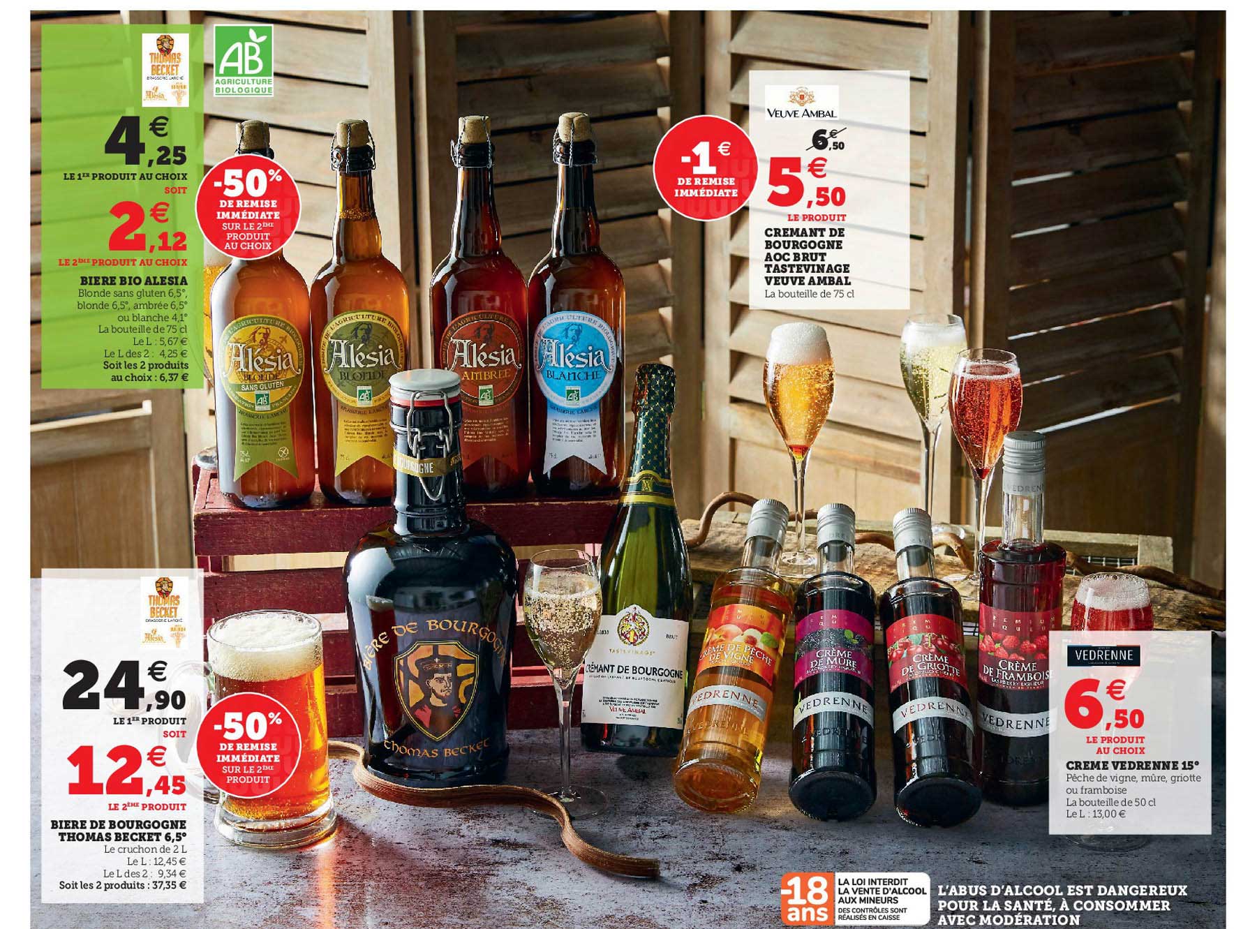 bière bio alésia, bière de bourgogne thomas becket 6,5°, crémant de bourgogne aoc brut tastevinage veuve ambal, crème vedrenne 15°