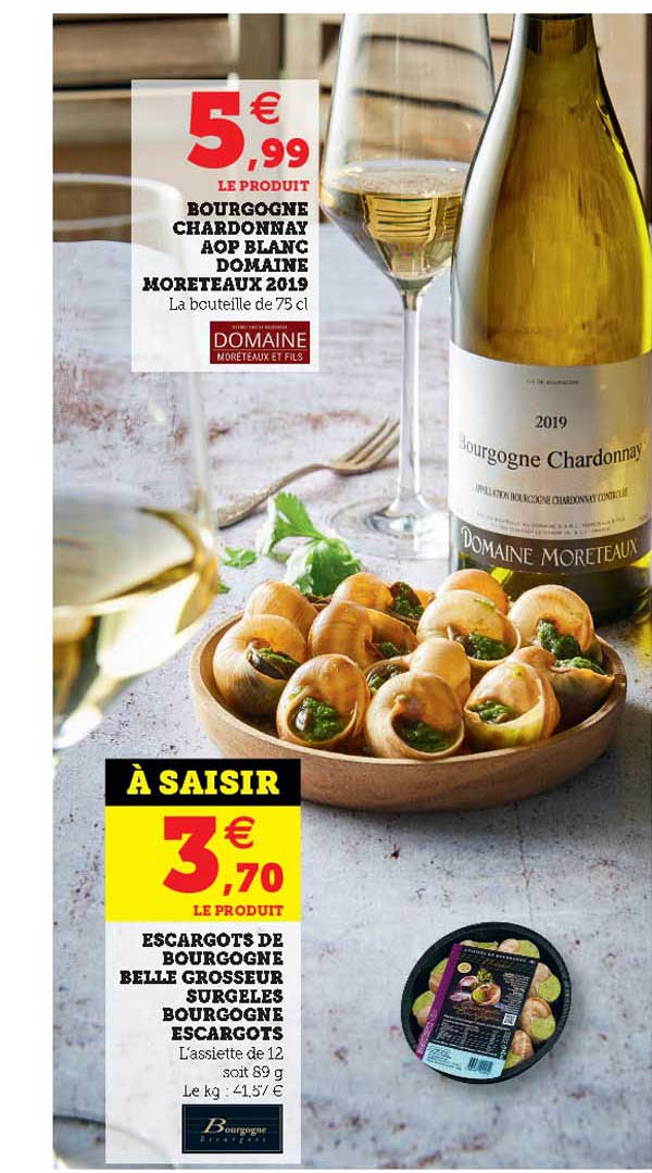 bourgogne chardonnay aop blanc domaine moreteaux 2019, escargots de bourgogne belle grosseur surgelé bourgogne escargots