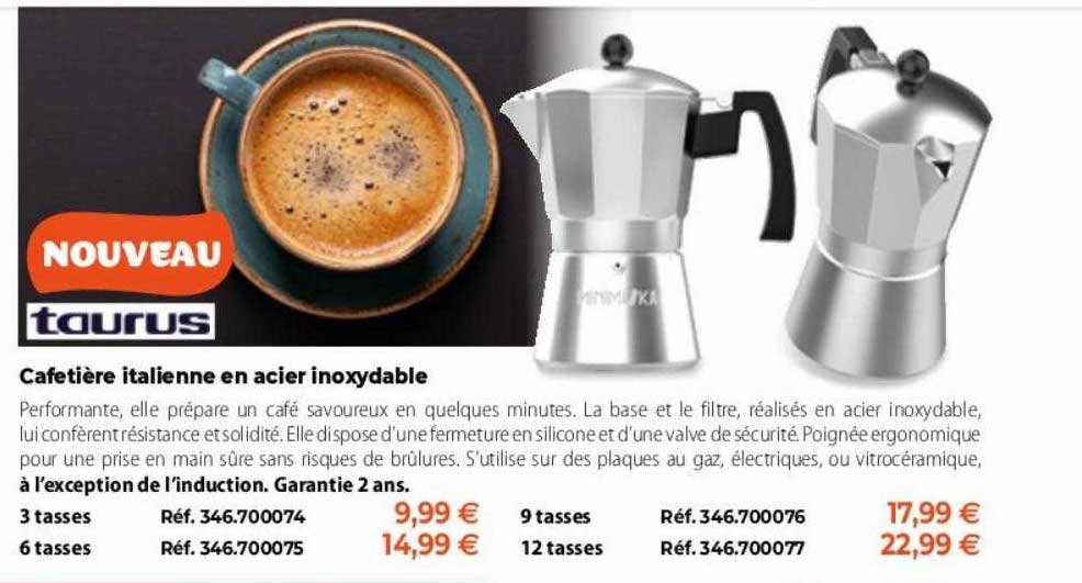 cafetière italienne en acier inoxydable taurus
