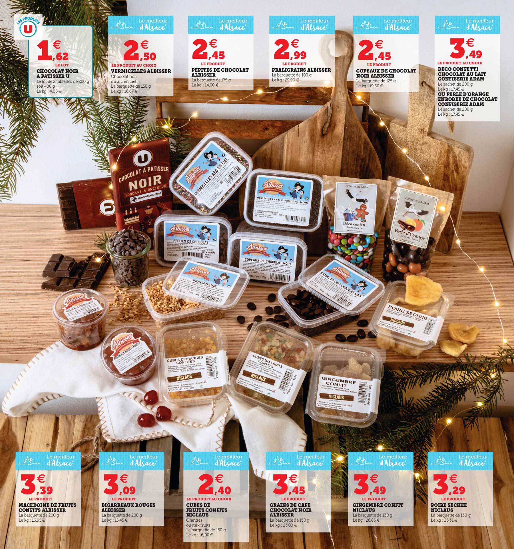 chocolat noir à pâtisser u, vermicelles albisser, pépites de chocolat albisser, praligrains albisser, copeaux de chocolat noir albisser, déco confetti chocolat au lait confiserie adam, perle d'orange