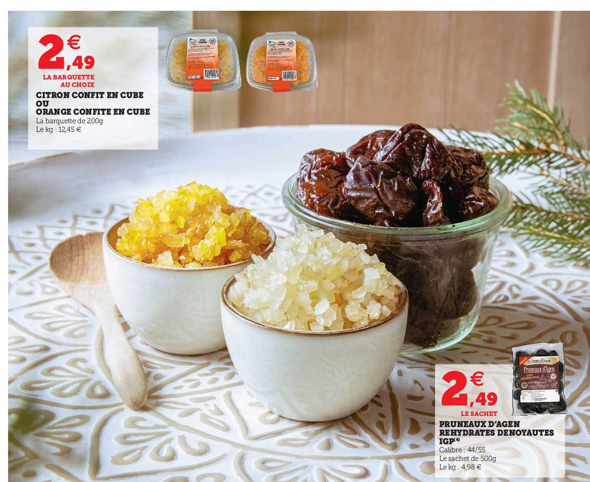 citron confit en cube ou orange confite en cube, pruneaux d'agen réhydrates dénoyautés