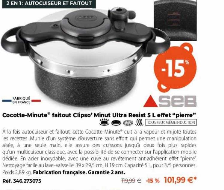 cocotte-minute faitout clipso' minut ultra resist 5 l effet "pierre"