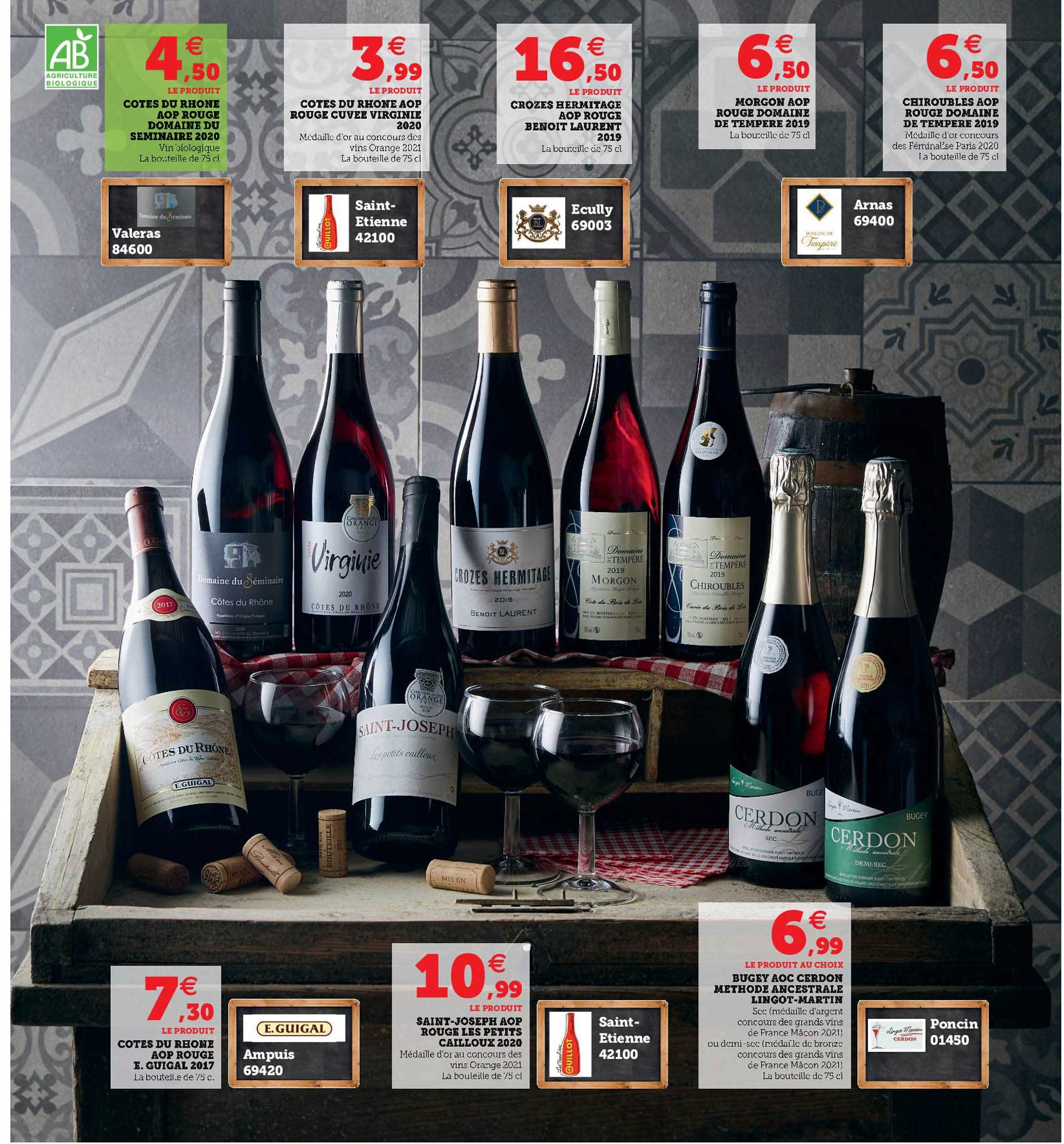 cotes du rhône aop rouge domaine du seminaire 2020, cotes du rhône aop rouge cuvée virginie 2020, crozes hermitage aop rouge benoit laurent 2019, morgon aop rouge domaine de tempère 2019