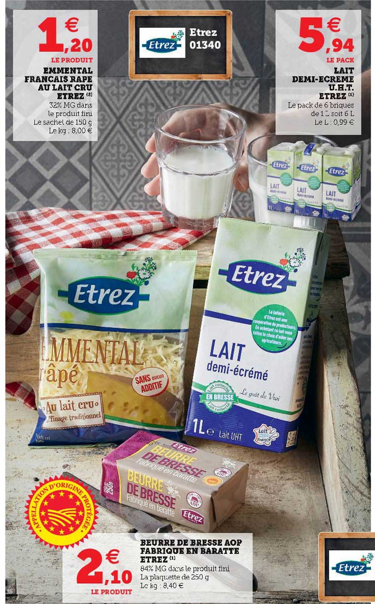 emmental français râpé au lait cru etrez, lait demi-écremé u.h.t. etrez, beurre de bresse aop fabriqué en baratte etrez