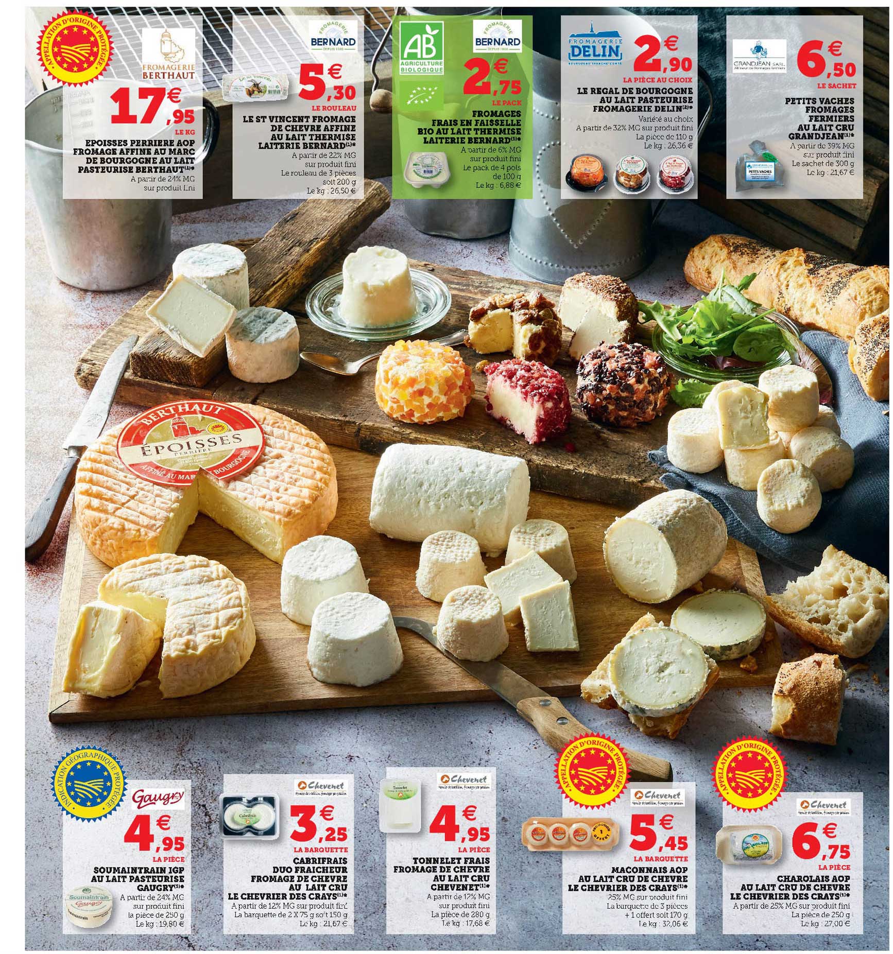 époisses perrière aop fromage affiné au marc de bourgogne au lait pasteurisé berthaut, le st vincent fromage de chèvre affiné au lait thermisé laiterie bernard, fromage frais en faisselle bio au lait