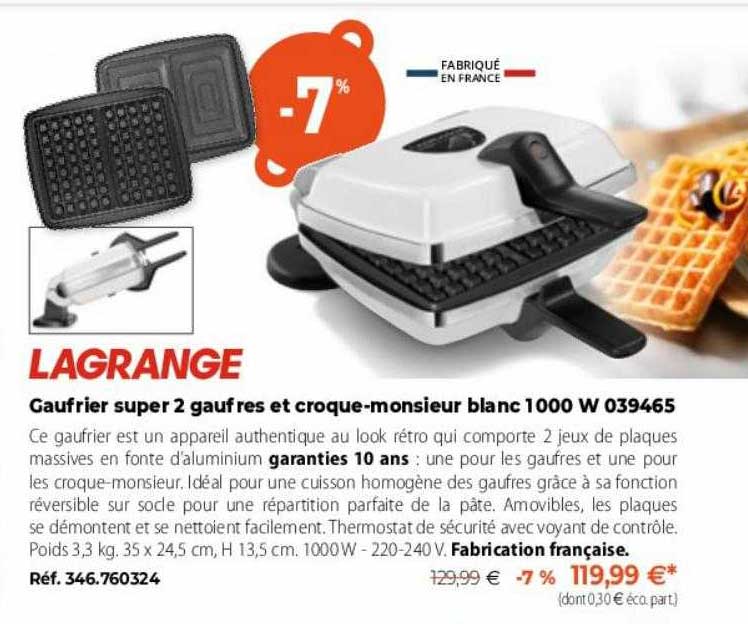 Gaufrier Super 2 Gaufres Et Croque-monsieur Blanc 1000 W 039465 Lagrange