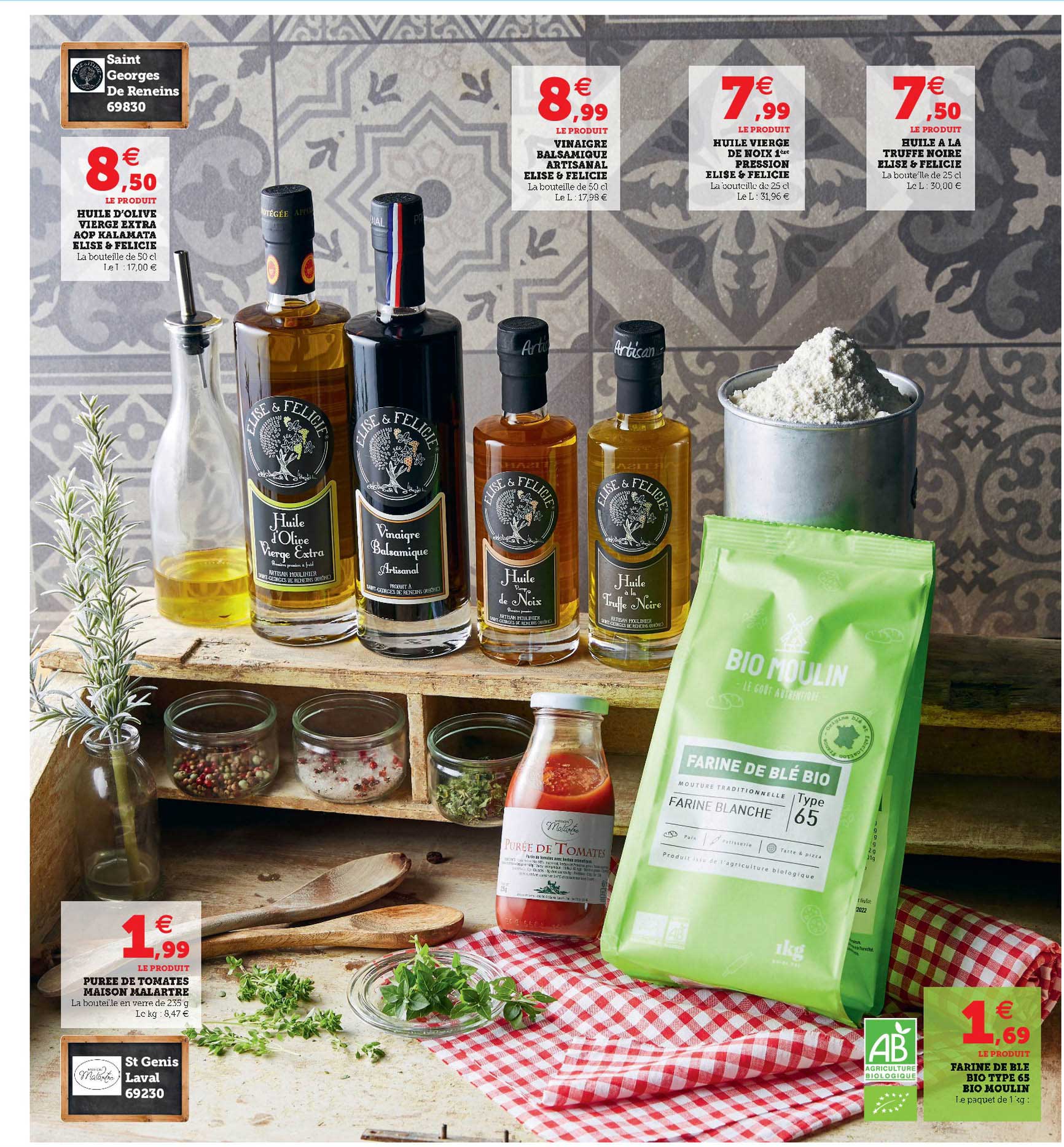 huile d'olive vierge extra aop  kalamata élise & felicie, vinaigre balsamique artisanal  elise & felicie, huile vierge de noix 1ère pression élise & felice, huile à la truffe noir, farine de blé bio