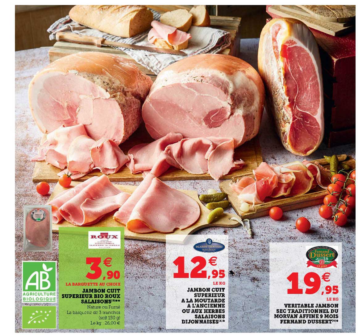 jambon cuit supérieur bio roux salaisons, jambon cuit supérieur à la moutarde à l'ancienne ou aux herbes salaisons dijonnaises, véritable jambon sec traditionnel du morvan affiné 9 mois fernand dusser