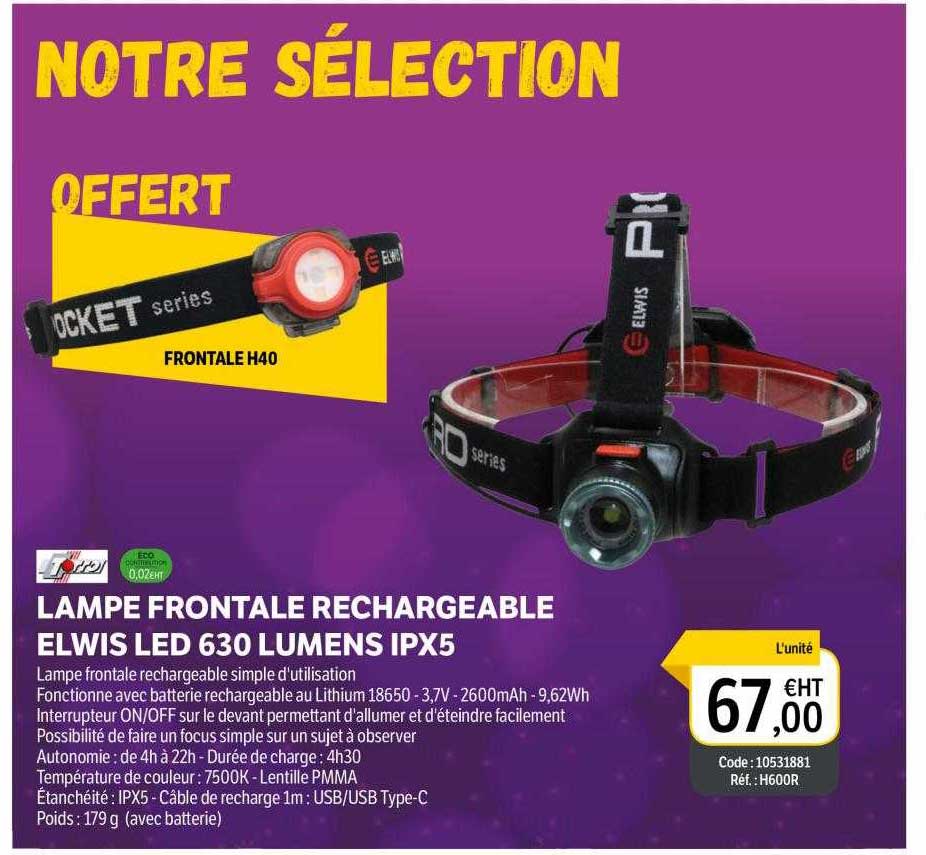 lampe frontale rechargeable elwis led 630 lumens ipx5