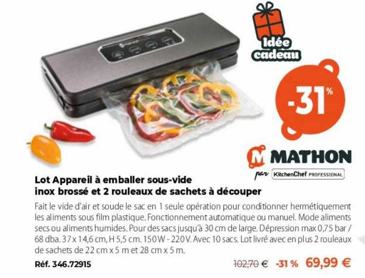 lot appareil à emballer sous-vide inox brossé et 2 rouleaux de sachets à découper